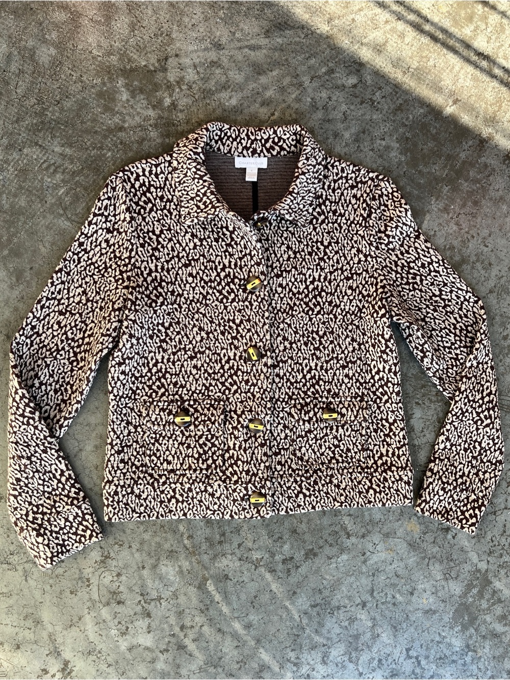Charter Club Leopard Print Textured Knit Jacket Button Front Women's Small